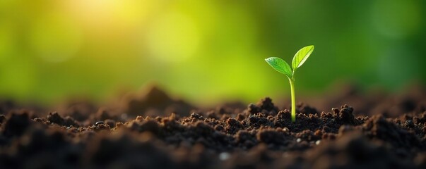 Fototapeta premium Fresh green seeds germinate on soft soil under gentle morning light, botanicals, earthy tones, plant growth