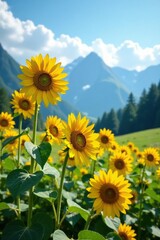 Tall yellow sunflowers stretching towards the sky in a mountainous landscape, flowers, landscape, natural