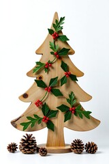 Wooden Christmas tree with mistletoe and pinecones on a white background, , white background