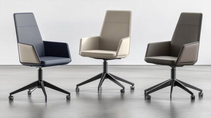 Fototapeta premium Three modern office chairs in navy, beige, and brown leatherette.