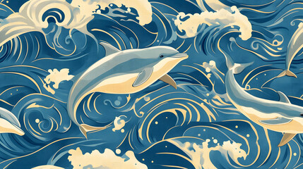 Colorful dolphins leaping gracefully over stylized waves in vibrant blue