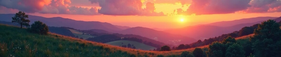 Gentle sunset hues paint the rolling hillscape, soothing, clouds, trees