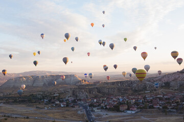 beautiful scenery flight of balloons in the mountains of Cappadocia in love valley