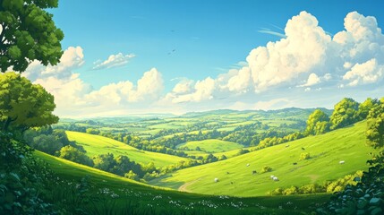 Fototapeta premium Lush green countryside with rolling hills and blue sky, peaceful and serene, highly detailed, tranquil and inviting, calm and idyllic atmosphere