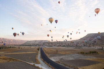 beautiful scenery flight of balloons in the mountains of Cappadocia in love valley