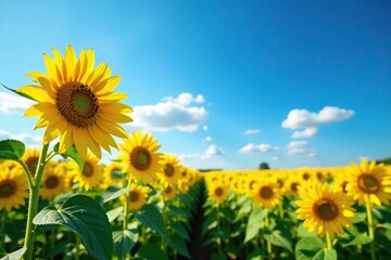 Tall sunflower field stretching towards bright blue sky, landscape, nature