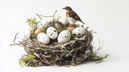 Obraz premium nest with speckled eggs and a small bird perched on the edge