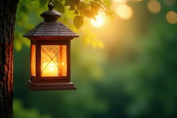 Soft warm glow emanates from a hanging wooden lantern, serene, nature sounds