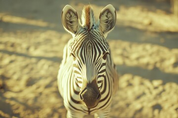 Naklejka premium A zebra stands in golden light, its striking stripes accentuated against the sandy backdrop, embodying wild grace.