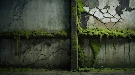 Concrete cracked old wall, pieces of coating, old concrete wall covered with moss