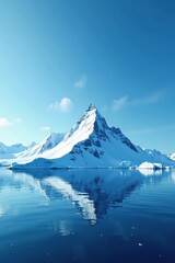 Snow-capped mountain iceberg pierces through the blue sky, icy scenery, glaciers, frozen lake
