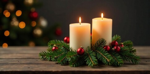 Candle and evergreen branch arrangement on a wooden table, Christmas, centerpiece