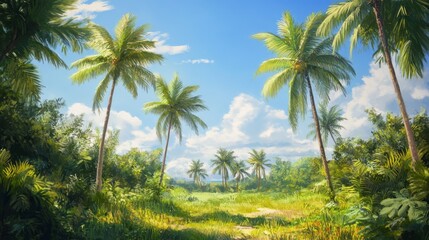 Fototapeta premium Lush tropical landscape with palm trees, vibrant greenery, and clear blue sky, serene and peaceful, warm sunlight, detailed