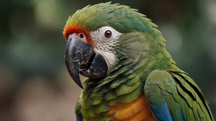 Fototapeta premium Colorful Green Macaw Perched Gracefully with Vibrant Feathers and strong beak, showcasing its tropical beauty in nature, perfect for wildlife or pet portrait