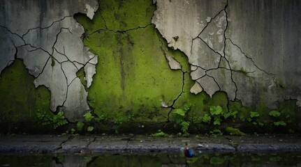 Naklejka premium Concrete cracked old wall, pieces of coating, old concrete wall covered with moss
