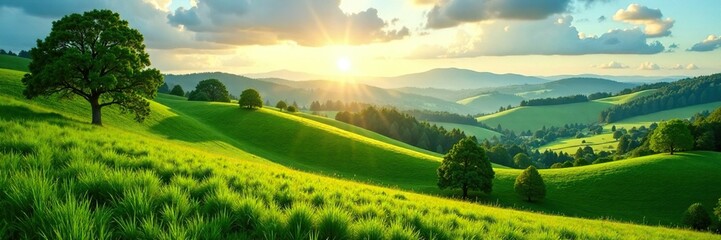 Naklejka premium Dappled sunlight filters through the rolling hills, green, landscapes, countryside