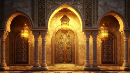 Obraz premium luxurious archway with golden lanterns and intricate patterns, high detail, warm and inviting, elegant and rich, spiritual and festive Islamic architecture