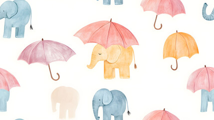 Whimsical Pattern Featuring Playful Elephants and Colorful Umbrellas
