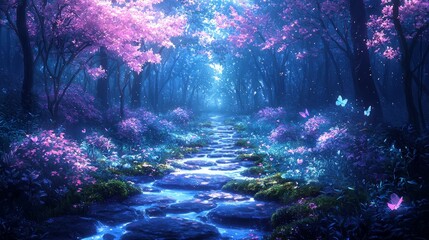 In magical forest milky white streams wind through mossy paths bordered glowing pebbles. Sparkling butterflies and fairies dance amid blooming flowers beneath serene sky.