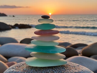 A stack of pastel-colored sea glass stones balanced on top of each other, with the sunset and ocean in the background