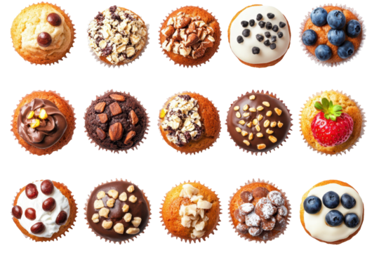 An assortment of 14 muffins with various toppings, including nuts, berries, and chocolate, isolated on a white background. Concept: variety, sweet treats

