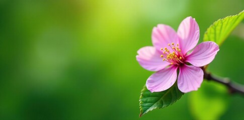 A single pink cherry blossom against a green leaf background, gentle, petals