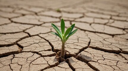Plant growing from dry cracked earth, from crack, plant in dry earth, cracked earth, strong plant