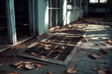 Abandoned industrial space with autumn leaves on the floor, creating an eerie, nostalgic atmosphere with soft, diffused light.
