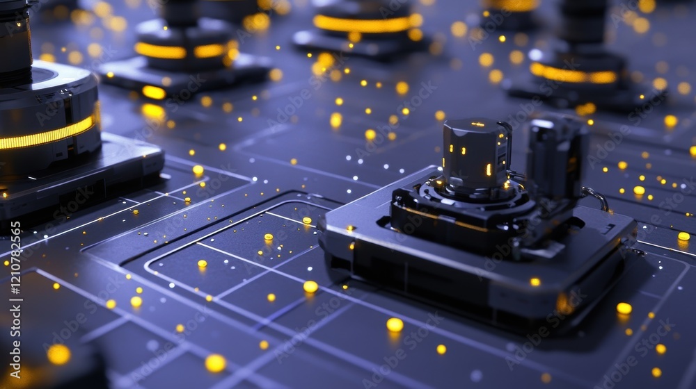 Poster quantum computing processors working on a complex motherboard, transferring data and performing calc