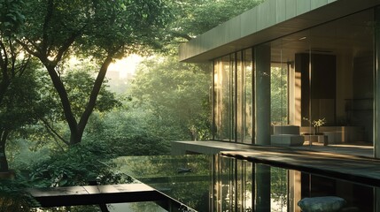 Fototapeta premium Luxurious modern mansion, sleek architectural design, panoramic glass walls, serene natural surroundings, highly detailed photorealistic render, elegant and opulent vibe