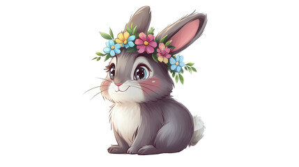 A cute brown rabbit wearing a daisy flower crown, surrounded by soft floral elements. A charming spring and Easter-themed illustration.

