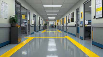 Designated work areas are well-marked in yellow, emphasizing safety and productivity in a clutter-free environment with gray and blue accents.