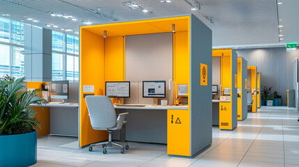 Designated work areas are well-marked in yellow, emphasizing safety and productivity in a clutter-free environment with gray and blue accents.