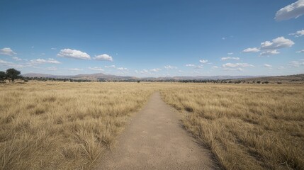 Fototapeta premium Path through dry savanna, blue sky, distant hills, travel, landscape