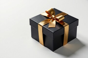 Obraz premium Dark wooden box with golden bow on white background, elegant, black, box