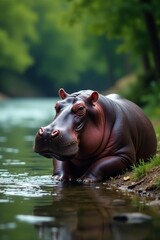 Fototapeta premium hippopotamus resting on riverbank with water flowing by, , riverbank, resting