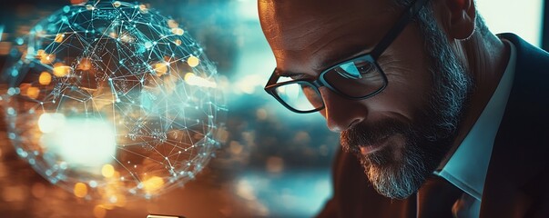 A a businessman using a smartphone with global connectivity symbols displayed.