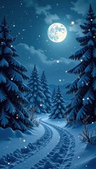 The silvery light of the full moon illuminates a winter wonderland with snowflakes gently falling, serene, illuminated, frosty