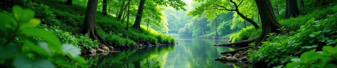 Obraz premium Lush greenery surrounds a tranquil river bend, forest, green