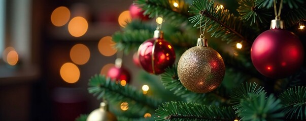 Obraz premium Brightly colored ornaments draped over the branches of a striped Christmas tree, holiday decorations, festive lights