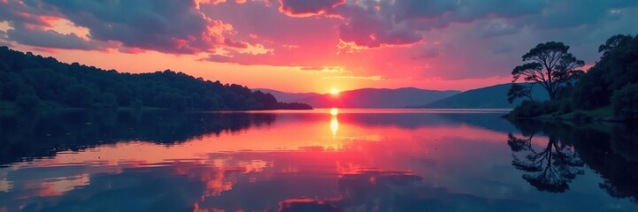 Obraz premium Shards of colored light dance on the lake's surface at dusk, peaceful atmosphere, fragmented reflections, sunset colors