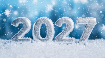 Number "2027" covered in snow in 3D style in bright silver-blue lighting. 2027 in 3D in winter landscape with snowflakes.