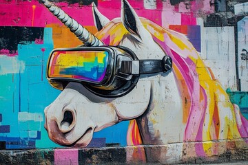 Vibrant unicorn graffiti with futuristic headset on urban wall