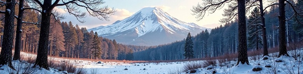 Fototapeta premium Forest landscape with bare trees and a snow-covered mountain in the background, foliage, trees, branches
