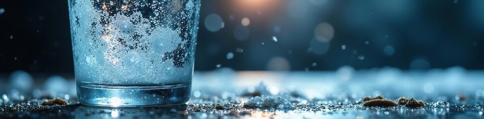 Icy water droplets freeze on a dirty glass, frosty light casting shadows, , icy crystals