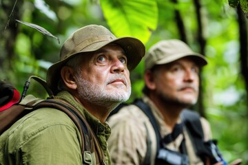 Fototapeta premium Mature caucasian males exploring jungle in outdoor adventure setting