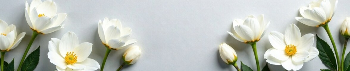 Fototapeta premium Delicate white petals unfolding on gray paper, floral arrangement, white flowers, gray paper