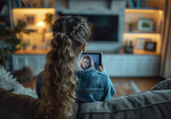Obraz premium A girl with long hair is sitting on a couch and holding a tablet