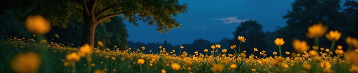 Fototapeta premium Softly glowing yellow flowers sway in the night breeze, trees, sky