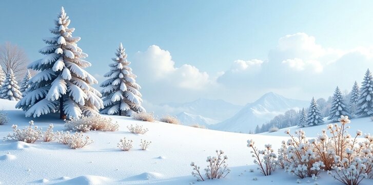 Snowy landscape with white flowers and trees in the foreground isolated, sky, peaceful